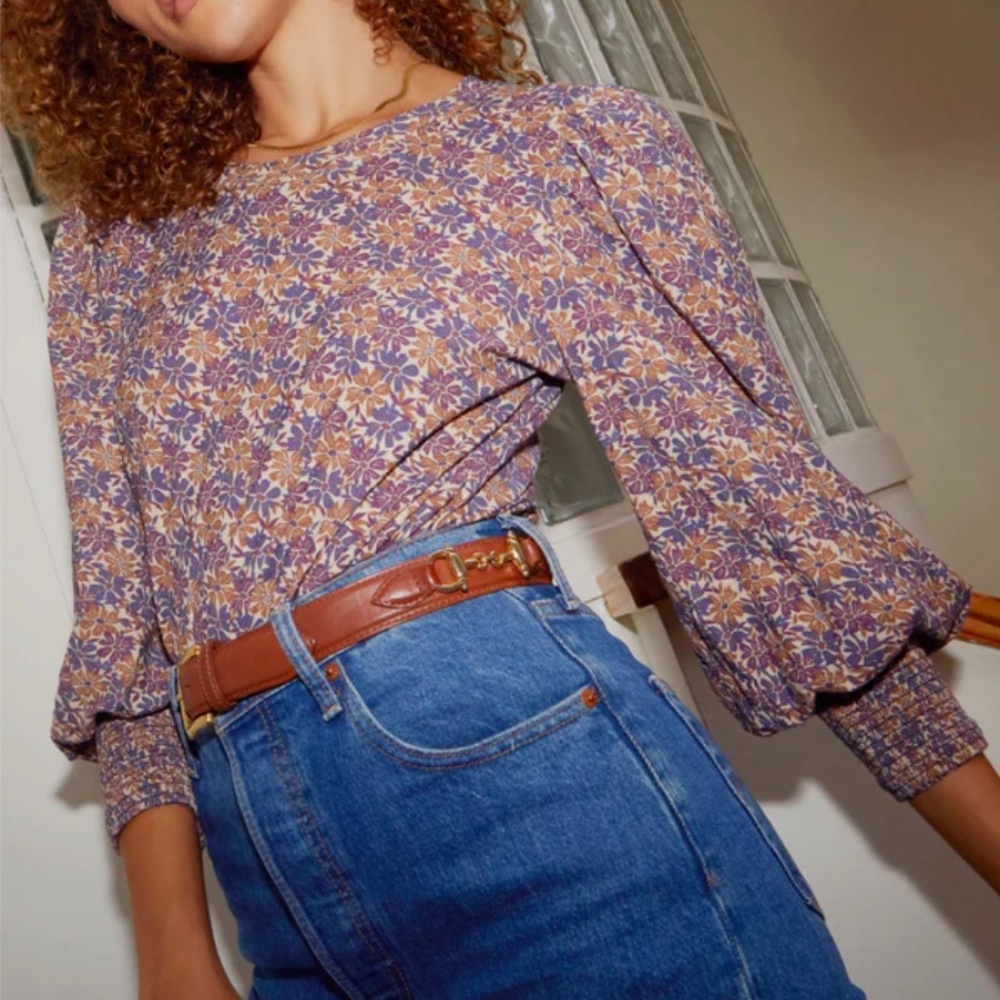 NATION LTD Loren Smocked Peasant Tee Retro Ditzy Floral Print Bell Sleeves XS
